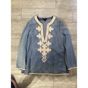 J Crew Top Denim Deep V Tunic Shirt Top Embroidered Women's Size S blue Linen